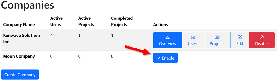 Enable button on the Companies page.